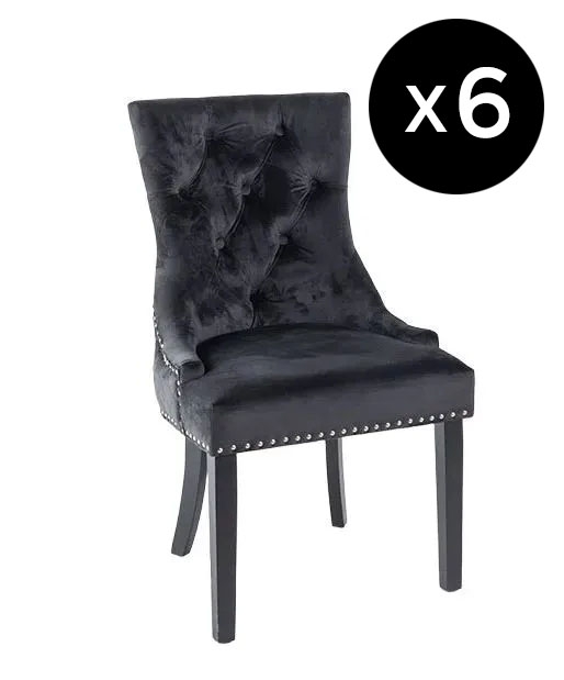 Set Of 6 Lion Knocker Back Black Dining Chair Tufted Velvet Fabric Upholstered With Black Wooden Legs