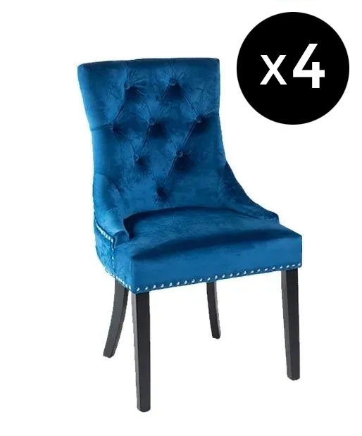 Set Of 4 Lion Knocker Back Blue Dining Chair Tufted Velvet Fabric Upholstered With Black Wooden Legs