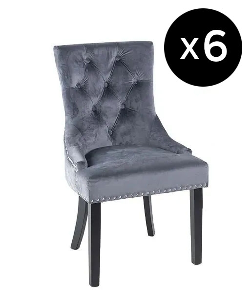 Set Of 6 Lion Knocker Back Grey Dining Chair Tufted Velvet Fabric Upholstered With Black Wooden Legs