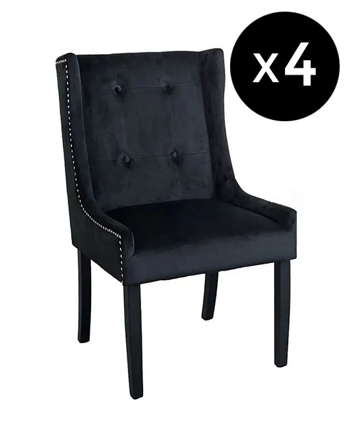 Set Of 4 Kimi Square Knocker Back Black Dining Chair Tufted Velvet Fabric Upholstered With Black Wooden Legs