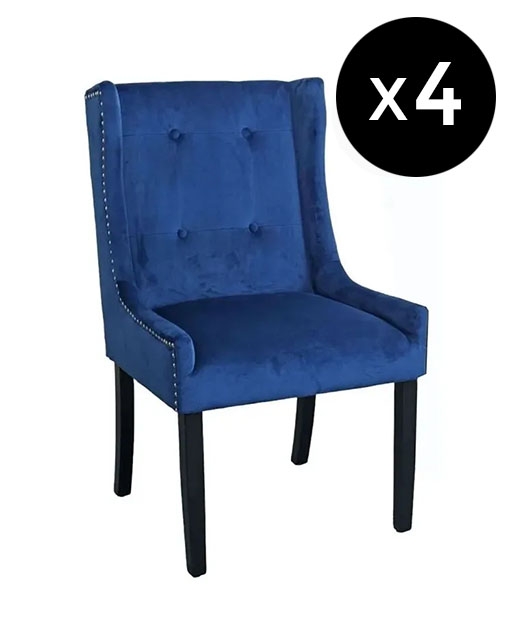 Set Of 4 Kimi Square Knocker Back Blue Dining Chair Tufted Velvet Fabric Upholstered With Black Wooden Legs