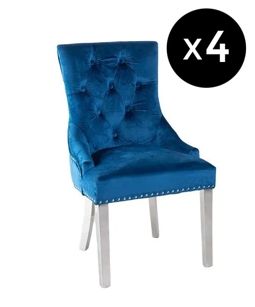 Set Of 4 Knocker Back Blue Dining Chair Tufted Velvet Fabric Upholstered With Chrome Legs