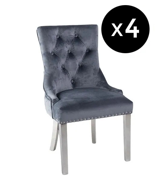 Set Of 4 Knocker Back Grey Dining Chair Tufted Velvet Fabric Upholstered With Chrome Legs
