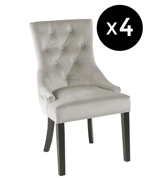 Set Of 4 Lion Knocker Back Champagne Dining Chair Tufted Velvet Fabric Upholstered With Black Wooden Legs