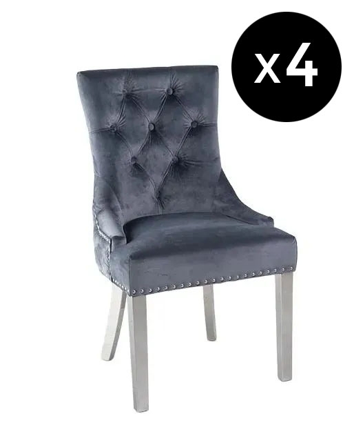 Set Of 4 Lion Knocker Back Grey Dining Chair Tufted Velvet Fabric Upholstered With Chrome Legs