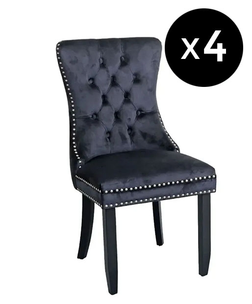 Set Of 4 Rivington Knocker Back Black Dining Chair Tufted Velvet Fabric Upholstered With Black Wooden Legs