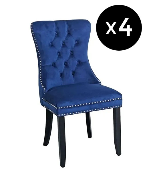 Set Of 4 Rivington Knocker Back Blue Dining Chair Tufted Velvet Fabric Upholstered With Black Wooden Legs