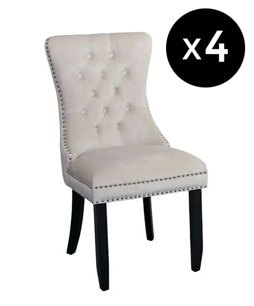 Set Of 4 Rivington Knocker Back Champagne Dining Chair Tufted Velvet Fabric Upholstered With Black Wooden Legs