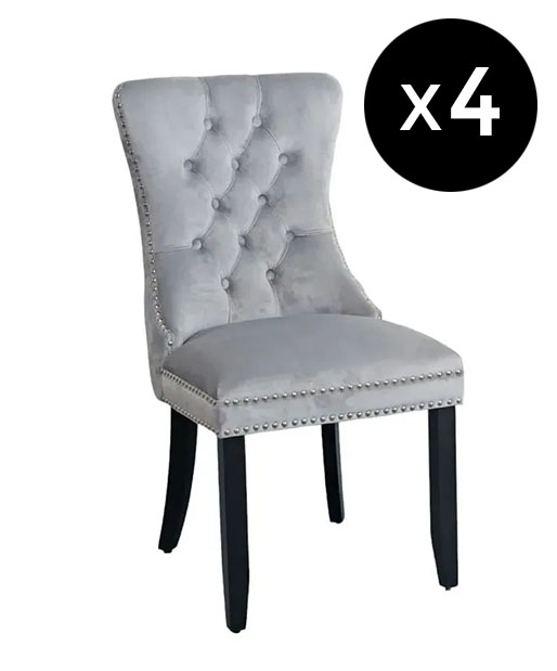 Set Of 4 Rivington Knocker Back Light Grey Dining Chair Tufted Velvet Fabric Upholstered With Black Wooden Legs