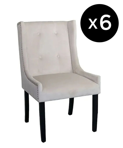 Set Of 6 Kimi Square Knocker Back Champagne Dining Chair Tufted Velvet Fabric Upholstered With Black Wooden Legs