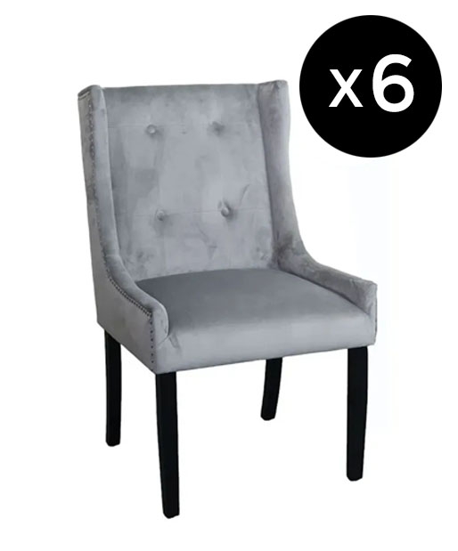 Set Of 6 Kimi Square Knocker Back Light Grey Dining Chair Tufted Velvet Fabric Upholstered With Black Wooden Legs