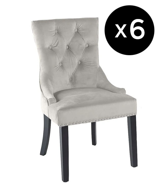 Set Of 6 Knocker Back Champagne Dining Chair Tufted Velvet Fabric Upholstered With Black Wooden Legs