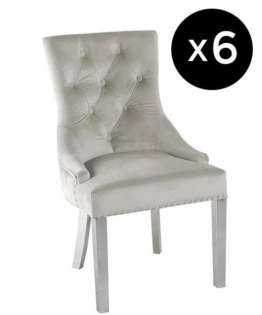 Set Of 6 Lion Knocker Back Champagne Dining Chair Tufted Velvet Fabric Upholstered With Chrome Legs