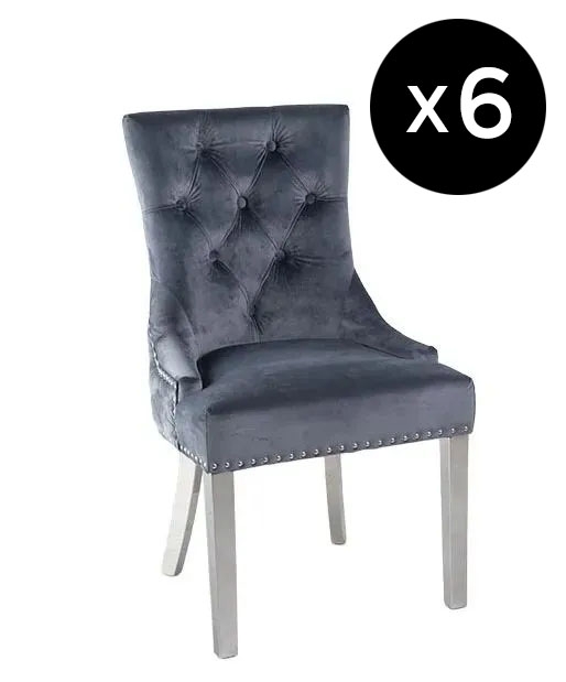 Set Of 6 Lion Knocker Back Grey Dining Chair Tufted Velvet Fabric Upholstered With Chrome Legs