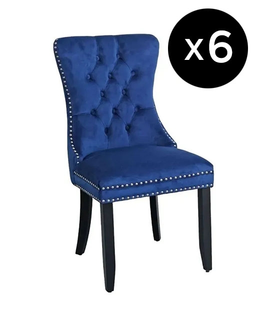 Set Of 6 Rivington Knocker Back Blue Dining Chair Tufted Velvet Fabric Upholstered With Black Wooden Legs