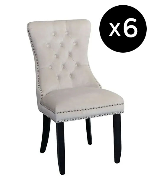 Set Of 6 Rivington Knocker Back Champagne Dining Chair Tufted Velvet Fabric Upholstered With Black Wooden Legs