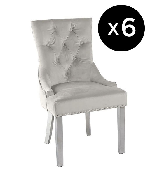 Set Of 6 Knocker Back Champagne Dining Chair Tufted Velvet Fabric Upholstered With Chrome Legs