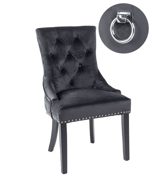 Knocker Back Black Dining Chair Tufted Velvet Fabric Upholstered With Black Wooden Legs