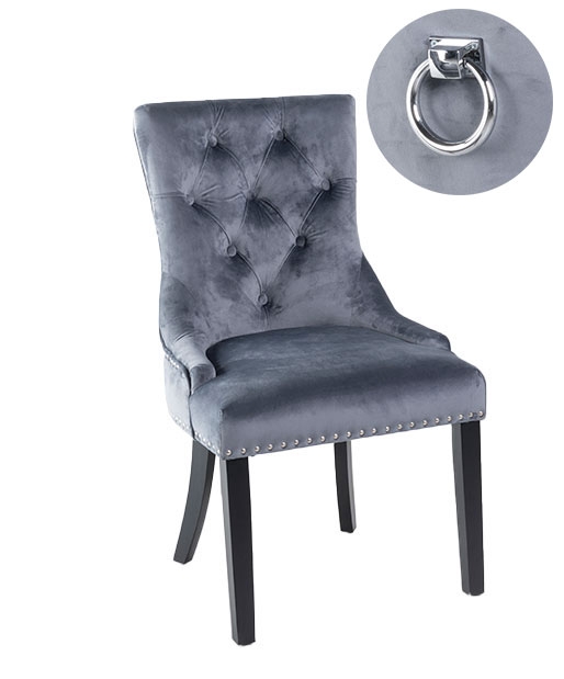 Knocker Back Grey Dining Chair Tufted Velvet Fabric Upholstered With Black Wooden Legs