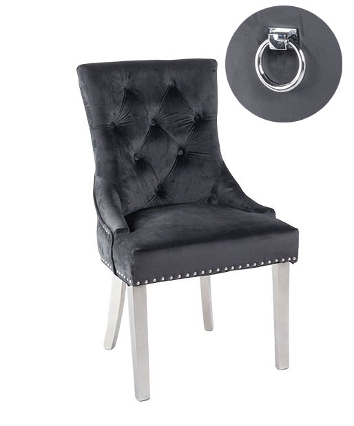 Knocker Back Black Dining Chair Tufted Velvet Fabric Upholstered With Chrome Legs