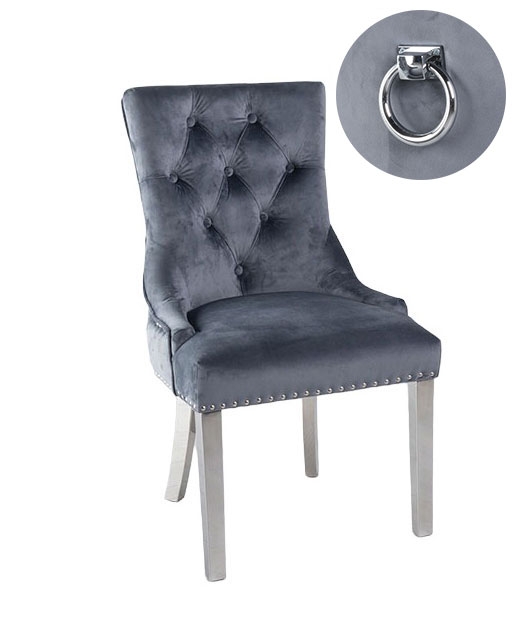 Knocker Back Grey Dining Chair Tufted Velvet Fabric Upholstered With Chrome Legs