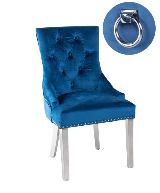 Knocker Back Blue Dining Chair Tufted Velvet Fabric Upholstered With Chrome Legs