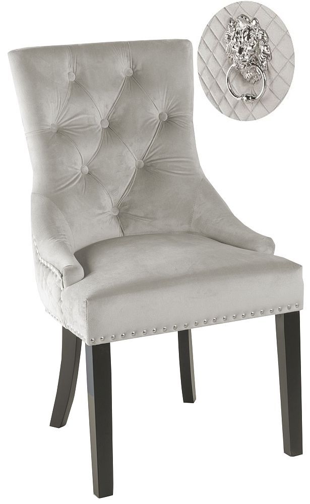 Lion Knocker Back Champagne Dining Chair Tufted Velvet Fabric Upholstered With Black Wooden Legs