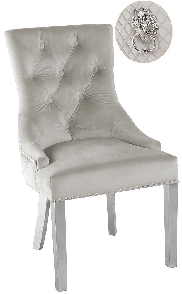 Lion Knocker Back Champagne Dining Chair Tufted Velvet Fabric Upholstered With Chrome Legs