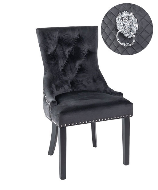 Lion Knocker Back Black Dining Chair Tufted Velvet Fabric Upholstered With Black Wooden Legs