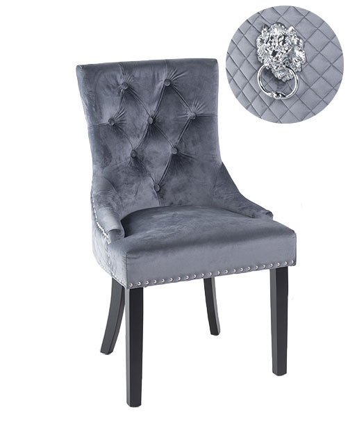 Lion Knocker Back Grey Dining Chair Tufted Velvet Fabric Upholstered With Black Wooden Legs