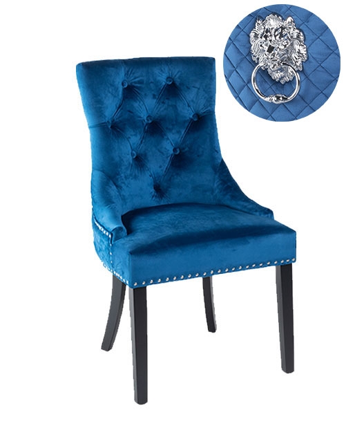 Lion Knocker Back Blue Dining Chair Tufted Velvet Fabric Upholstered With Black Wooden Legs
