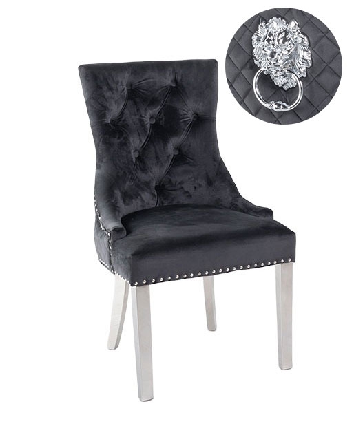 Lion Knocker Back Black Dining Chair Tufted Velvet Fabric Upholstered With Chrome Legs