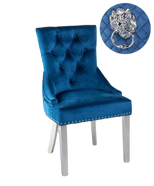 Lion Knocker Back Blue Dining Chair Tufted Velvet Fabric Upholstered With Chrome Legs