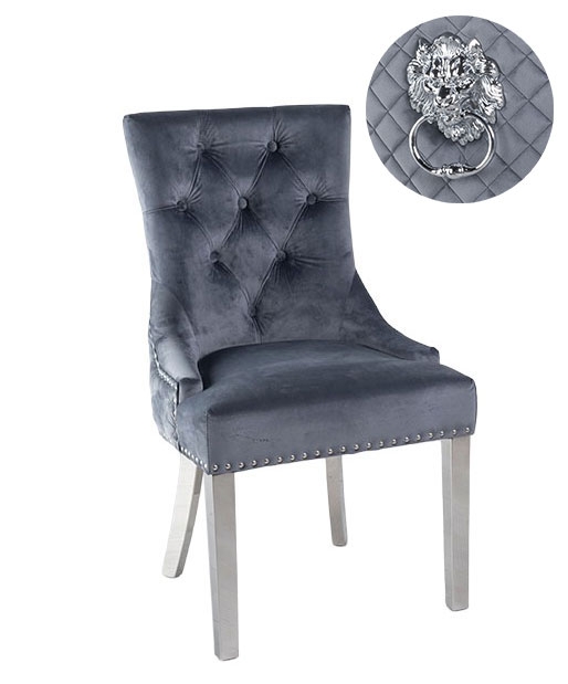 Lion Knocker Back Grey Dining Chair Tufted Velvet Fabric Upholstered With Chrome Legs