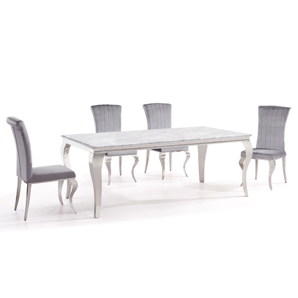 Louis Grey Marble And Chrome Dining Set With Grey Velvet Fabric Chairs Comes In 468 Seater