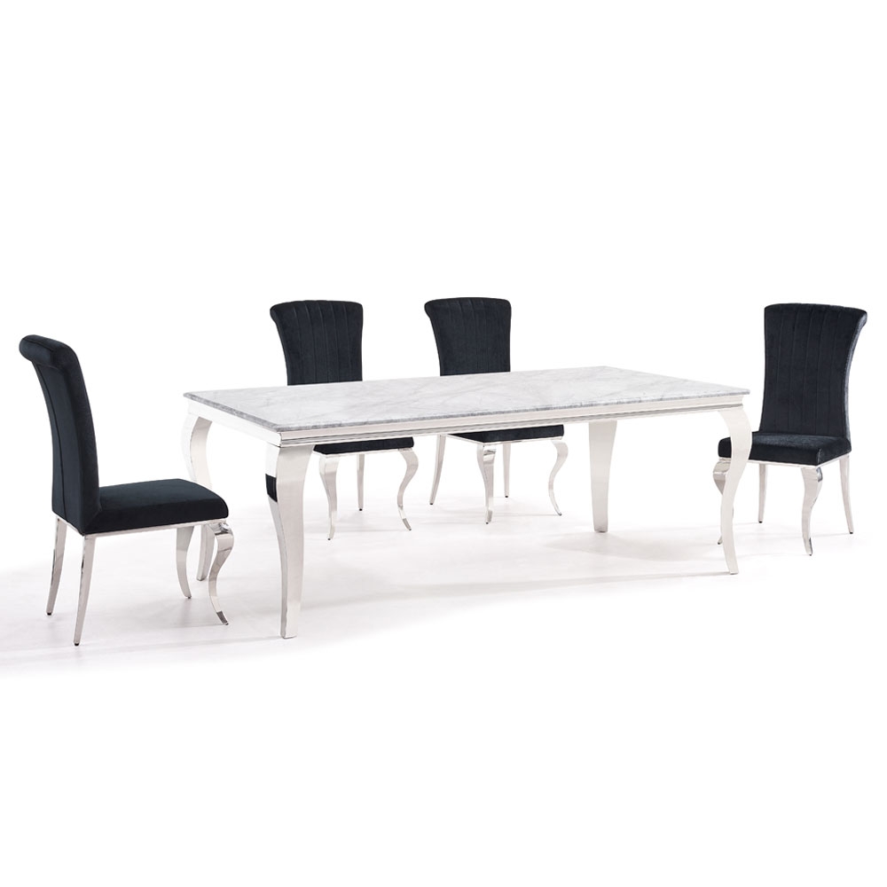 Louis Grey Marble And Chrome Dining Set With Black Velvet Fabric Chairs Comes In 468 Seater