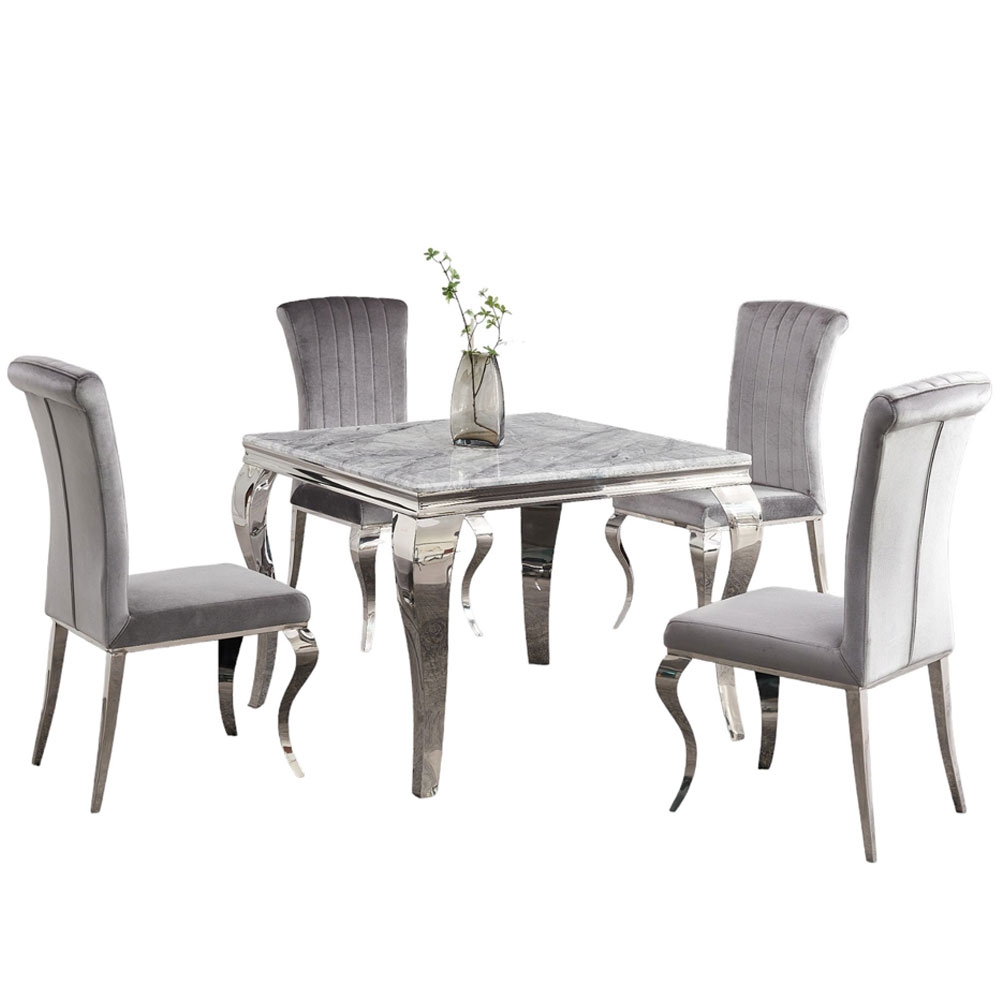 Louis Grey Marble And Chrome Square Dining Table With 4 Grey Velvet Fabric Chairs