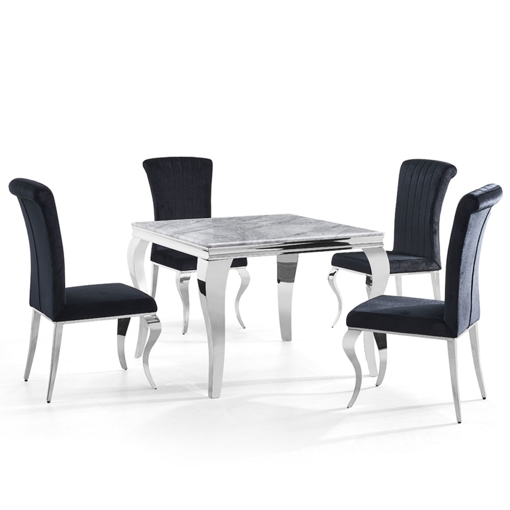 Louis Grey Marble And Chrome Square Dining Table With 4 Black Velvet Fabric Chairs