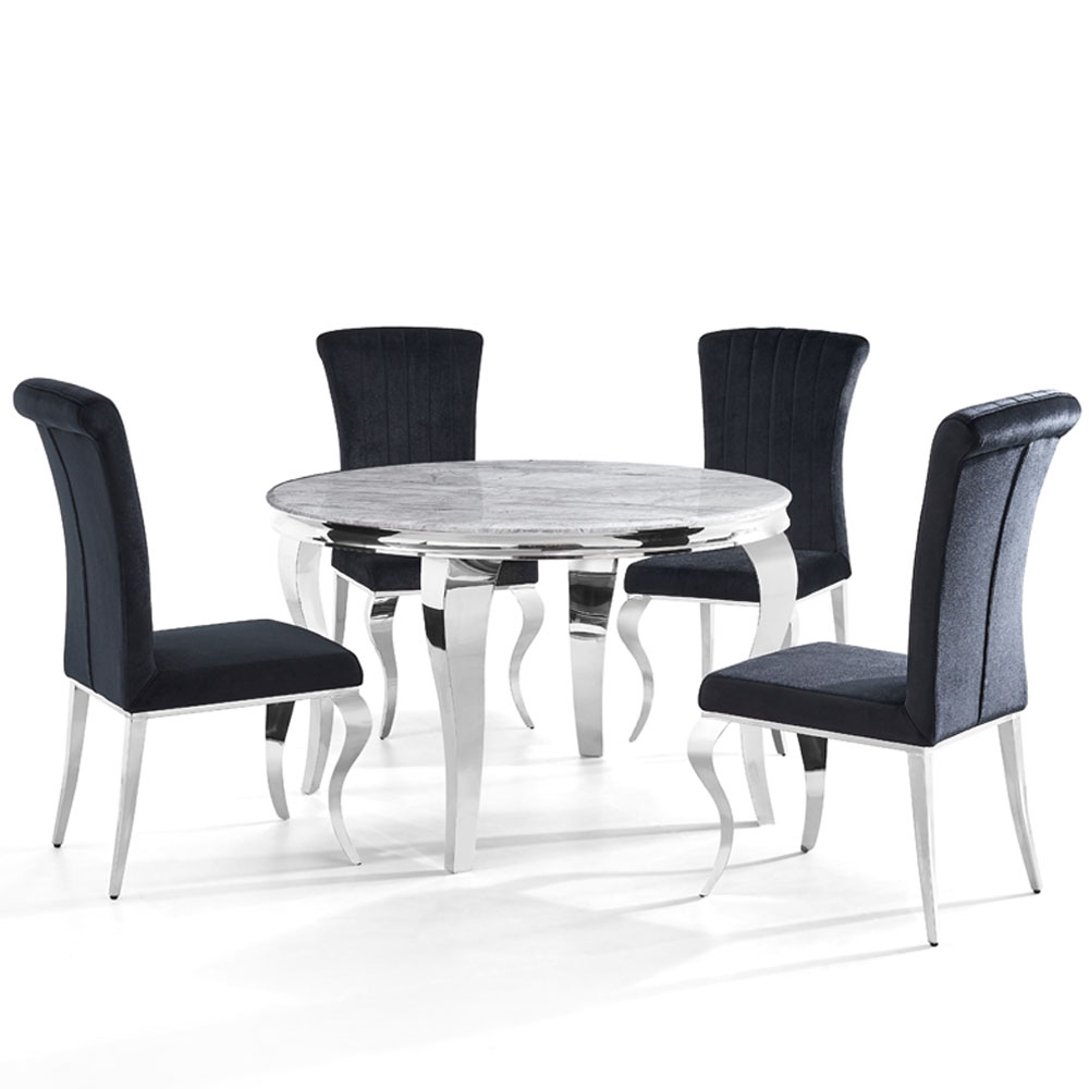 Louis Grey Marble And Chrome Round Dining Table With 4 Black Velvet Fabric Chairs