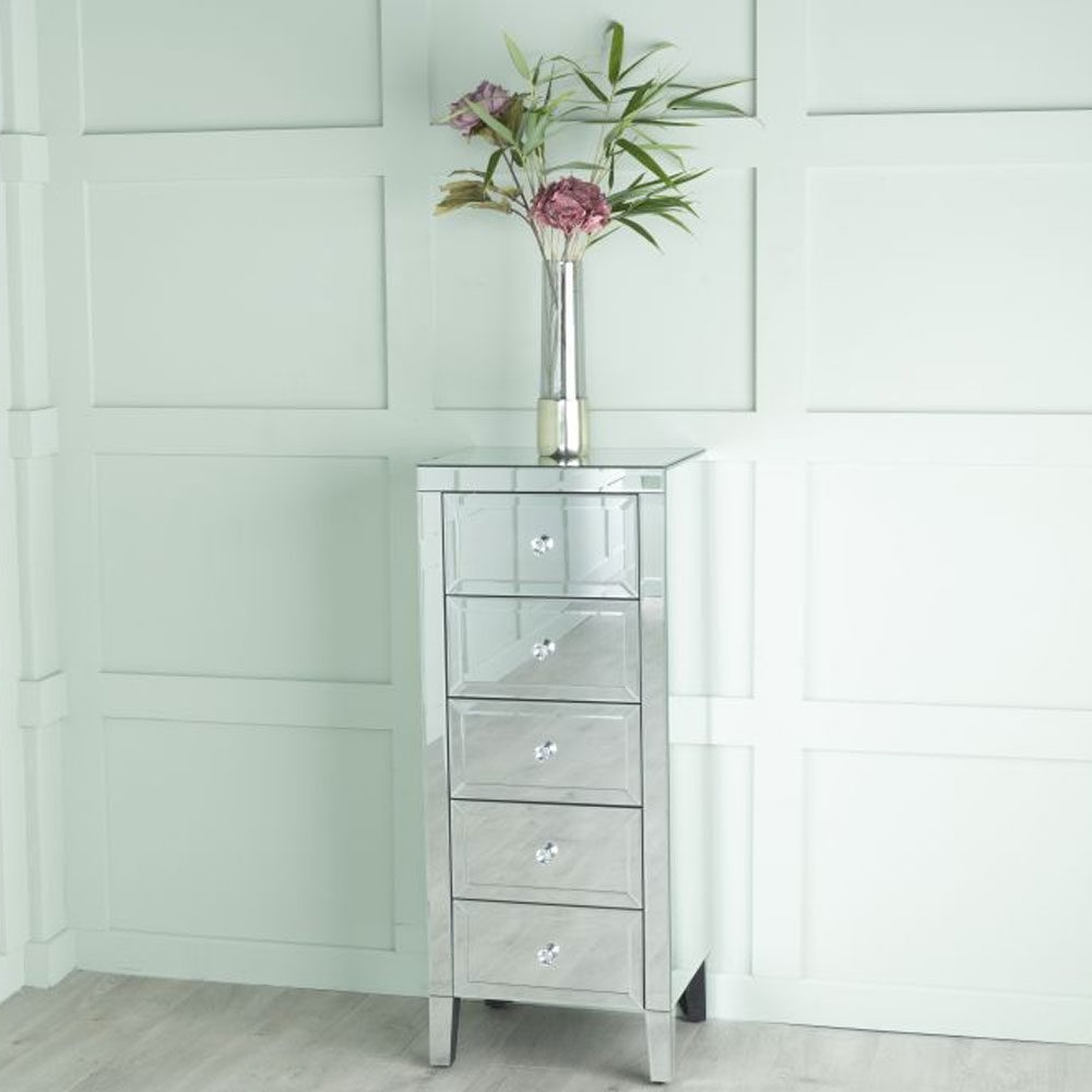 Lucia Mirrored 5 Drawer Narrow Chest Tallboy