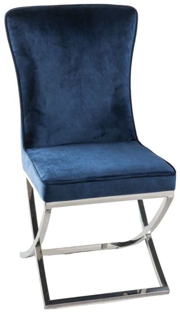Lyon Cross Leg Blue Dining Chair Plush Velvet Fabric With Tufted Buttoned Back Chrome Metal Base