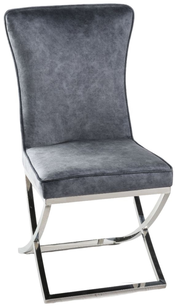 Lyon Cross Leg Grey Dining Chair Plush Velvet Fabric With Tufted Buttoned Back Chrome Metal Base