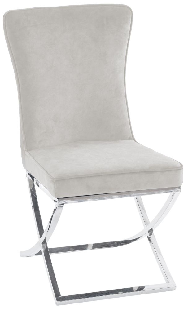 Lyon Cross Leg Champagne Dining Chair Plush Velvet Fabric With Tufted Buttoned Back Chrome Metal Base