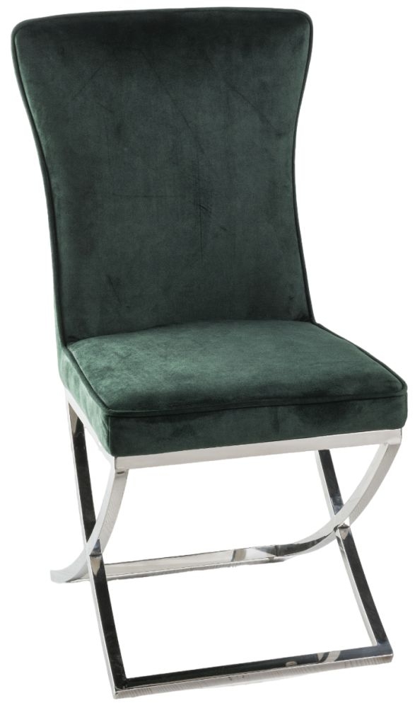 Lyon Cross Leg Green Dining Chair Plush Velvet Fabric With Tufted Buttoned Back Chrome Metal Base