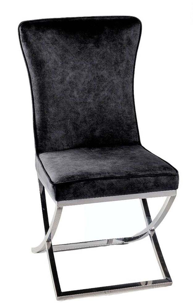 Lyon Cross Leg Black Dining Chair Plush Velvet Fabric With Tufted Buttoned Back Chrome Metal Base