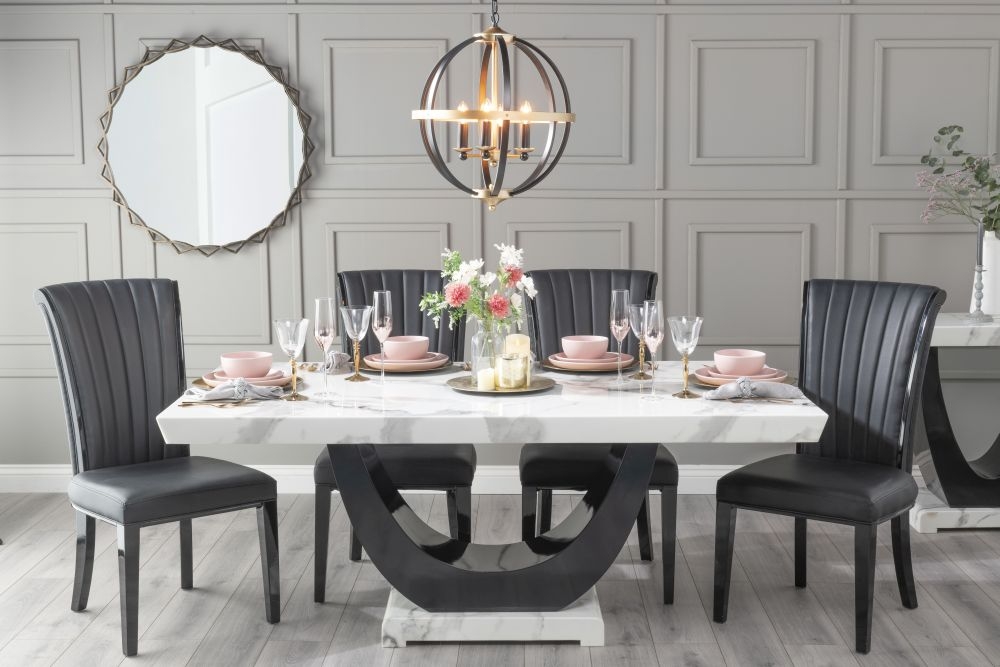 Madrid Marble Dining Table Set White Top And Black Gloss U Shaped Pedestal Base With Cadiz Black Faux Leather Chairs