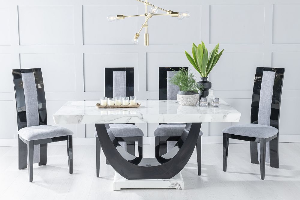 Madrid Marble Dining Table Set White Top And Black Gloss U Shaped Pedestal Base With Alpine Black High Gloss And Grey Fabric Chairs