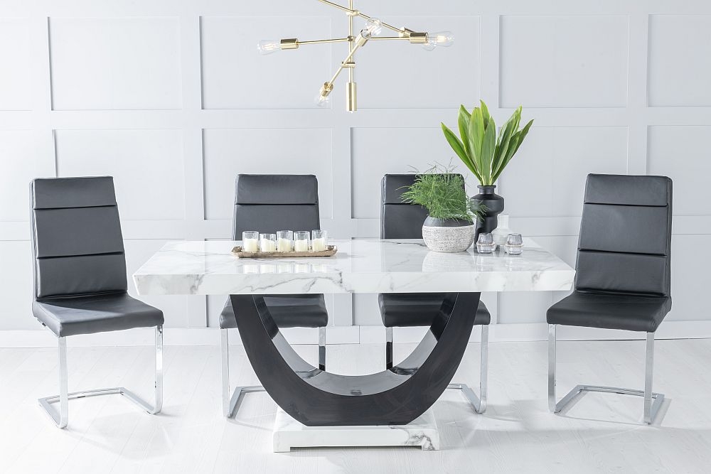 Madrid Marble Dining Table Set White Top And Black Gloss U Shaped Pedestal Base With Arabella Black Faux Leather Chairs