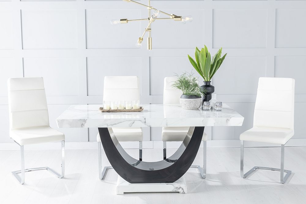 Madrid Marble Dining Table Set White Top And Black Gloss U Shaped Pedestal Base With Arabella Cream Faux Leather Chairs
