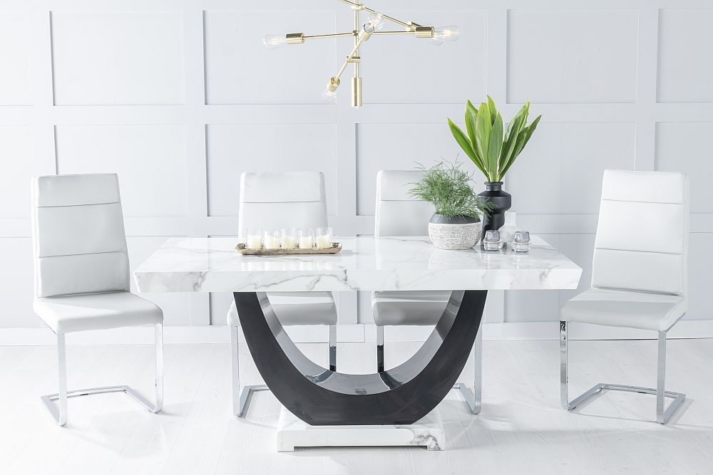 Madrid Marble Dining Table Set White Top And Black Gloss U Shaped Pedestal Base With Arabella Grey Faux Leather Chairs